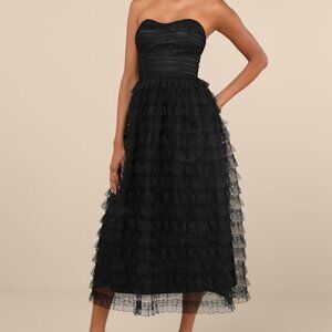 Lulus Immensely Exquisite Black Tulle Strapless Tiered Midi Dress - Size S